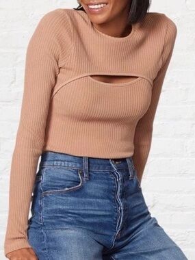 NEW AGOLDE lyza ribbed cotton cut - out top in pantyhose